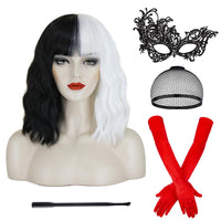 Cruella Deville Wig Black and White Wigs for Cruella Deville Costume Women with Mask Gloves C-Rod Short Curly Wavy Hair Wig with Bangs Cute Synthetic Wigs for Party Halloween FE018BW